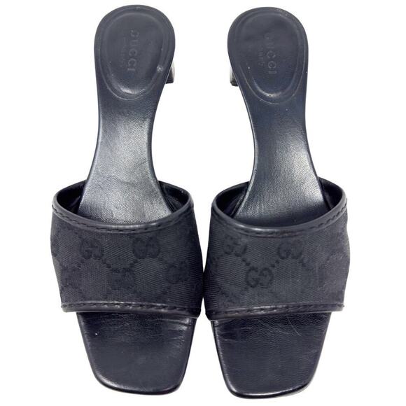 Gucci GG Logo Monogram Supreme Canvas Leather Black Heels Sandals Slides US 7‎ - Picture 2 of 11